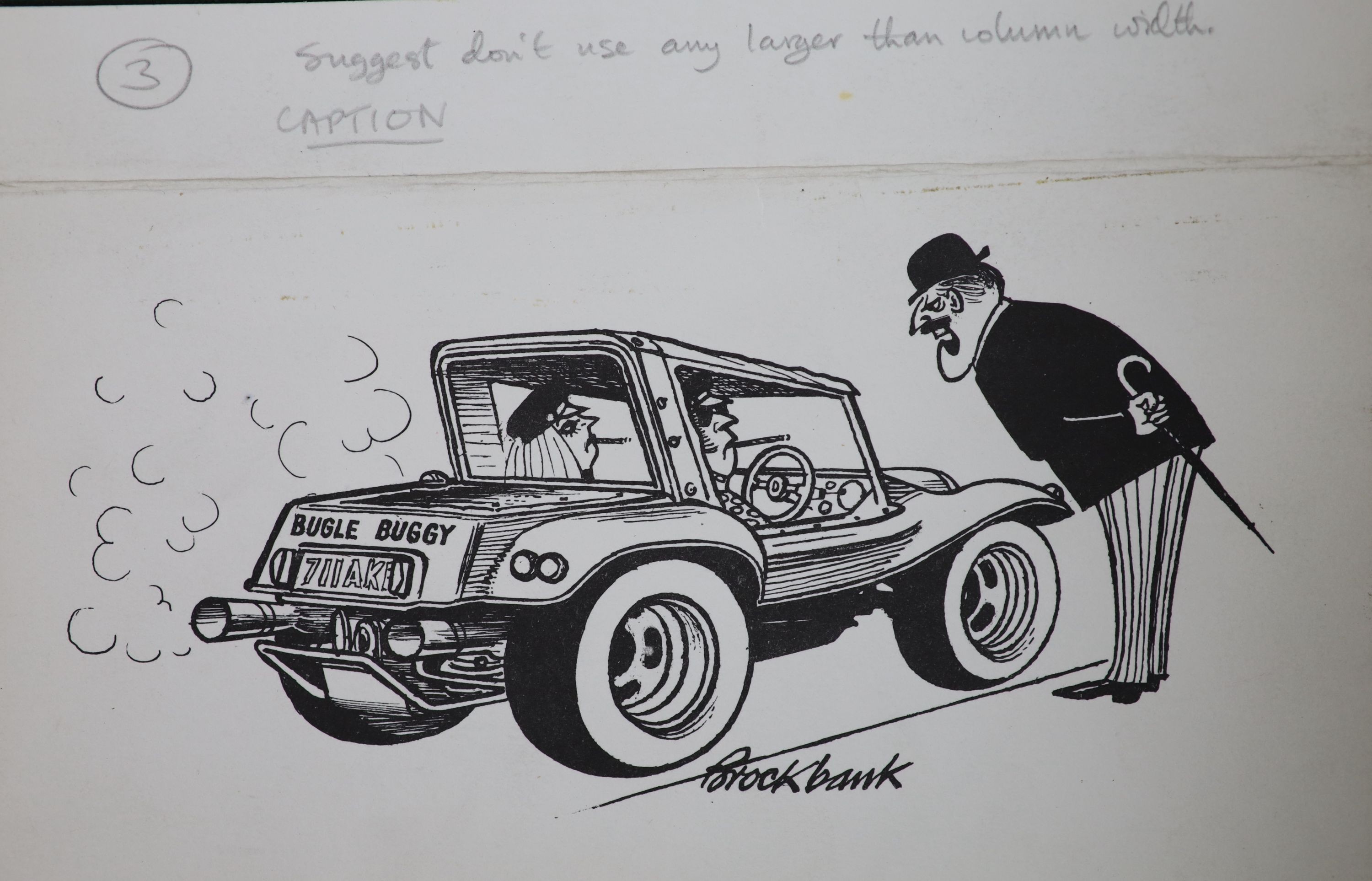 Russell Brockbank (1913-1979), original pen and ink cartoon, Bugle Buggy, signed, 14 x 20cm, unframed.